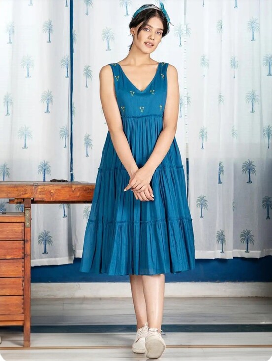 Dresses & Skirts - Blue Floral Embroidered A-Line Midi Dress Sleeveless V-Neck Flared Rayon Cotton